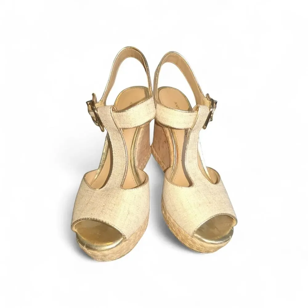 ANTONIO MELANI 9.5 Cream Gold Metallic Slingback Peep-Toe Ankle Strap Wedges